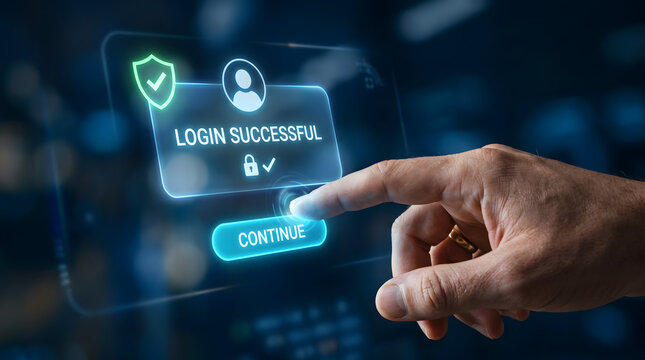 Close-up of a hand pressing a floating hologram continue button on a login success modal interface