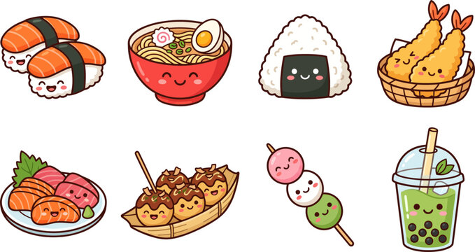 Colorful collection of cute Japanese food vector illustrations featuring sushi ramen onigiri tempura sashimi takoyaki dango and bubble tea drinks