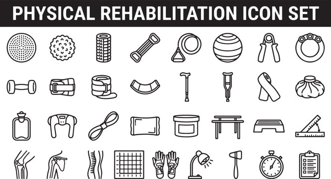 Physical rehabilitation icon set featuring medical equipment and therapy tools for physiotherapy and recovery in vector format