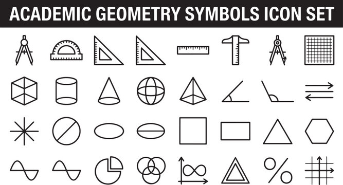Geometry and Mathematics Symbols Icon Set Featuring Drafting Tools and Geometric Shapes for Educational Design Projects