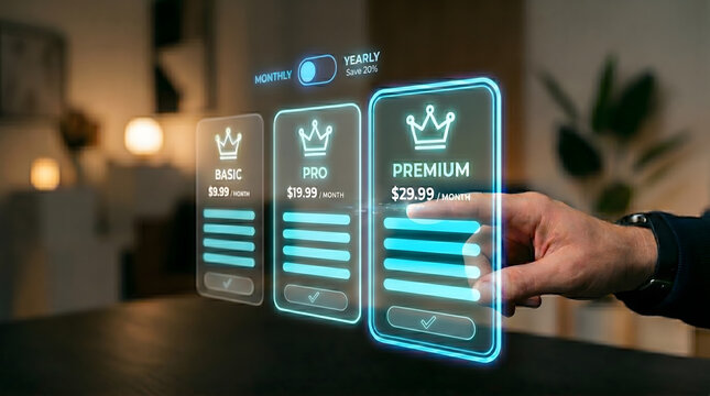 Close-up of a hand selecting a subscription plan on floating hologram pricing cards interface