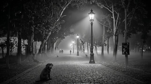 A cute black puppy sits calmly on a weathered cobblestone path inside a dark foggy park while a small tabby cat rests on a glowing vintage street lamp post above