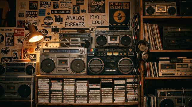 Vintage cassette boombox collection stacked and displayed with organized cassette tapes and music posters in cluttered listening room