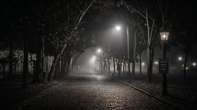 Empty cobblestone path winding through a dark park at night illuminated by glowing vintage street lamps while thick moody fog hangs between large trees creating a mysterious and quiet atmosphere