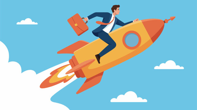 Businessman riding rocket ship through sky Vector, illustration