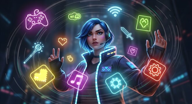 A figure made of colorful fragments interacts with glowing icons in a dark virtual environment.