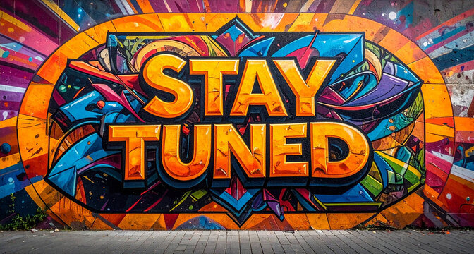 Stay tuned - Ein farbenfrohes Graffiti-Kunstwerk auf einer urbanen Wand mit leuchtenden Farben und abstrakten Muster.