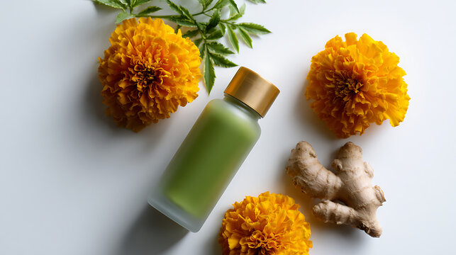 Natural Beauty Product with Marigold Flowers and Ginger Root - Essence of Holistic Skincare, Wellness, and Herbal Ingredients