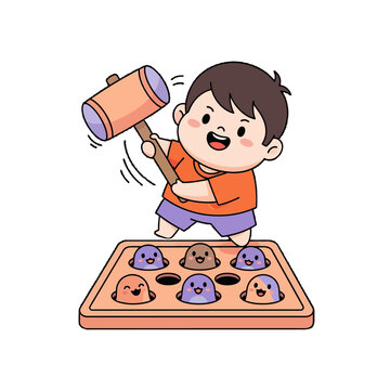 Happy child playing whack a mole game with hammer.