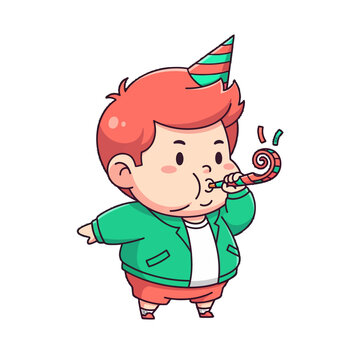 Happy cartoon child blowing party noisemaker with hat.