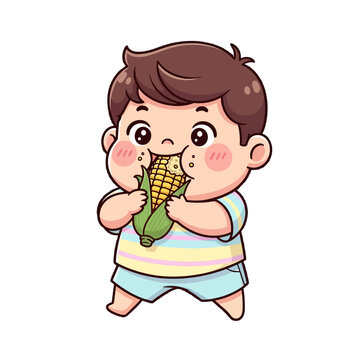 Cute cartoon boy happily eating fresh corn on cob.