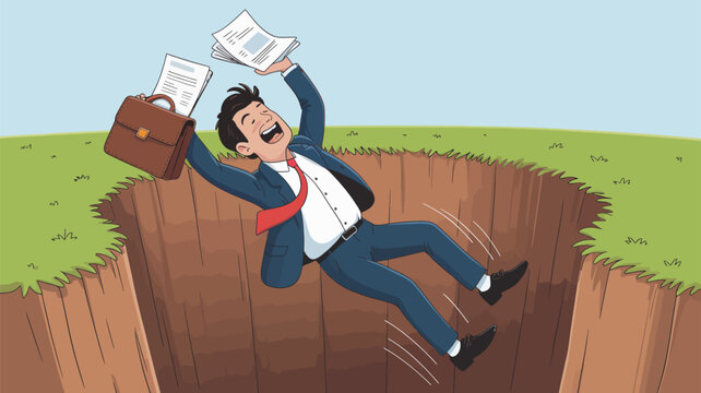 Businessman falling into a deep hole with papers Vector, illustration