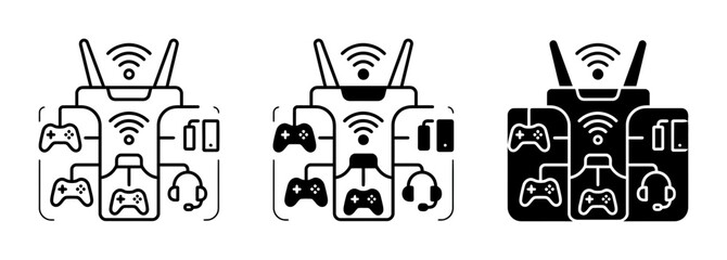 3 Gaming Network Icons with Controllers, Headsets, and Routers, Outline and Solid Styles, for Online Gaming Connectivity © Sathi