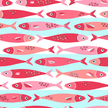 Seamless pattern summer design, school of red fish, cartoon sardines vector 