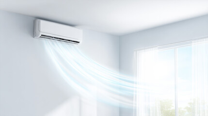 Fototapeta premium Modern air conditioner cools bright minimalist room with daylight and flowing air
