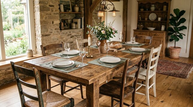 Warm and inviting recycled dining room with a large wooden table, mismatched chairs, exposed stone walls, and bright natural light streaming from a large window.