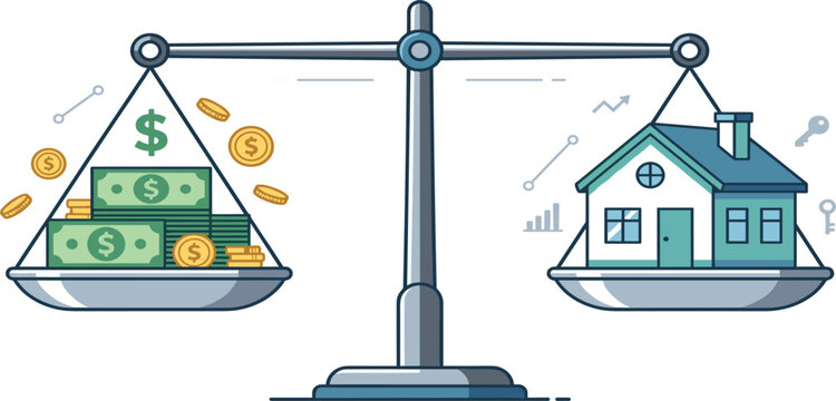 Real Estate Property Valuation Vector Illustration Featuring House and Money Stack Balancing on Scales for Mortgage Investment and Financial Planning Designs