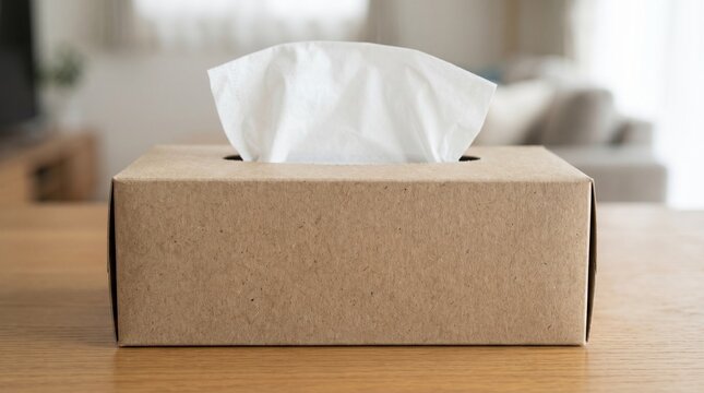Minimalist brown tissue box made from recycled cardboard, with a single white facial tissue pulled out, resting on a wooden table in a cozy home setting.