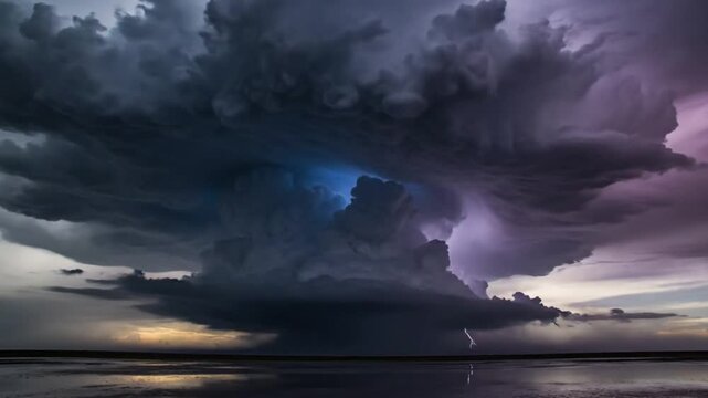Epic Supercell Thunderstorm with Lightning Strikes and Dramatic Clouds Over a Reflective Landscape During Sunset