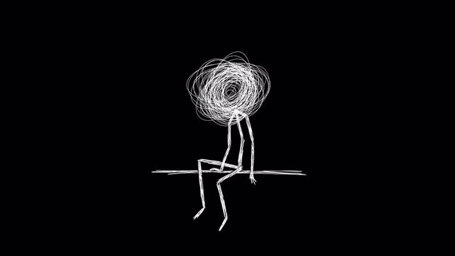 Depressed person sitting with tangled messy thoughts head, boiling line art loop with alpha channel. White boiling line art animation of a lonely person with a messy scribble tangle instead of a head.