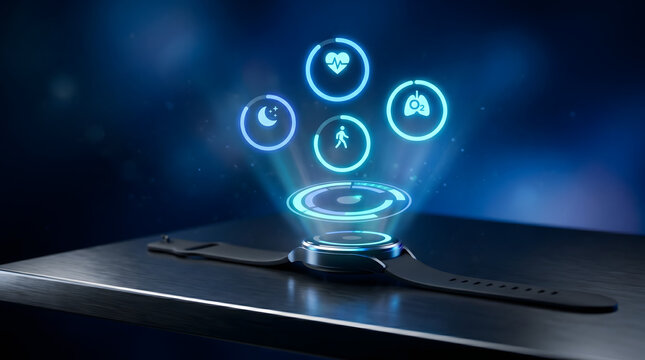 Smartwatch projecting glowing health metrics with heart rate oxygen walking and sleep tracking icons