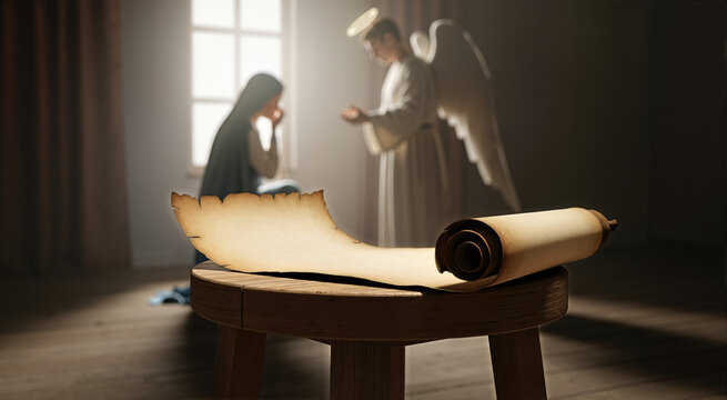 Blank parchment scroll on a wooden stool. Blurred background of kneeling Virgin Mary and Angel Gabriel in soft light. Copy space for text