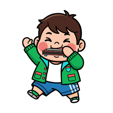 Happy Cartoon Boy Playing Harmonica Joyfully in Colorful Outfit.