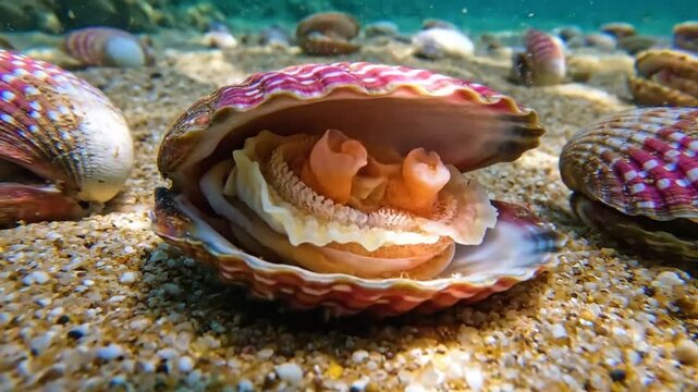 Open Scallop Shell Underwater on Sandy Seabed with Interior Displaying Soft Tissue and Other Shells in Background