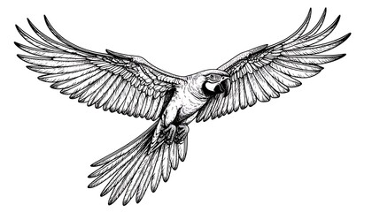 Obraz premium Detailed monochrome drawing of a parrot in mid-flight with outstretched wings, captured from a frontal perspective