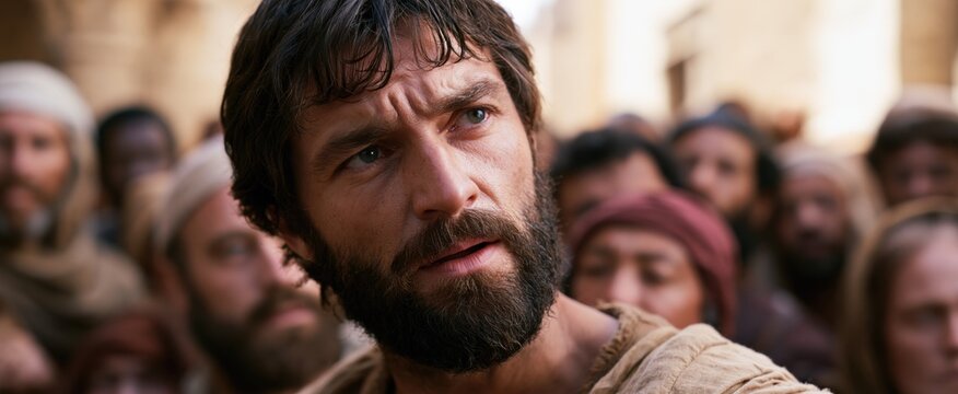 An intense biblical moment featuring a resolute apostle amid a confrontational crowd in a historic religious environment.
