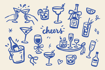 Cheers Drinks Sketch Doodle Set Vector