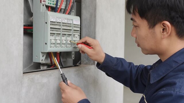 Electrician Repairs Circuit Breaker Panel with Precision Tools