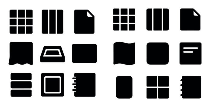 Interface and organization concept icons with grid, document and notebook for presentation design in solid style