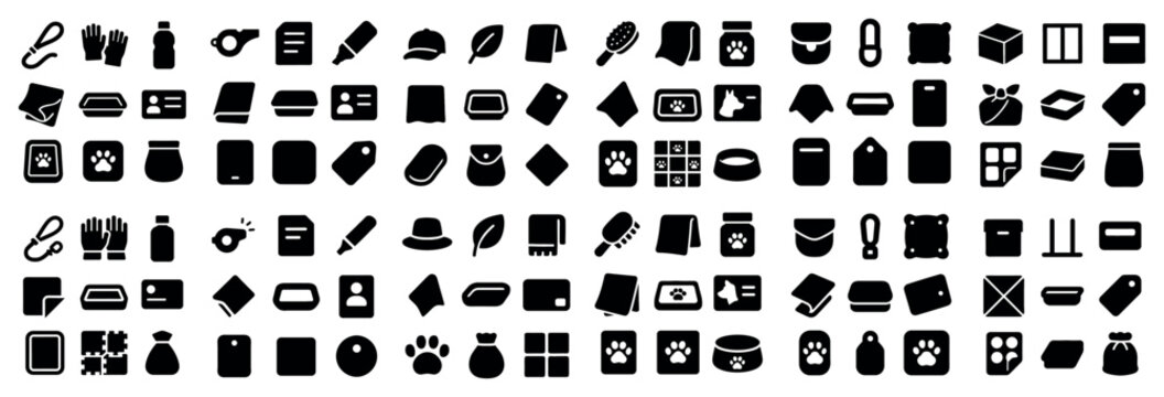 Pet care and office concept icons with paw bowl and file for dashboard interface in bold vector art