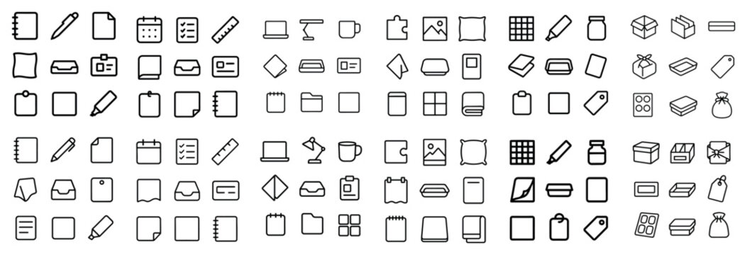 Note taking and organization vector symbols with notebook, pencil and tag for mobile app design in outline design