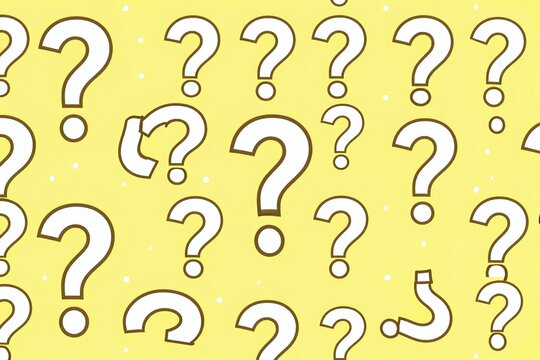 a yellow background with a pattern of question marks