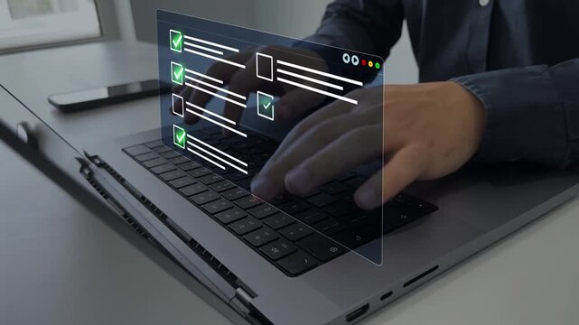 Online survey questionnaire with digital feedback form, customer evaluation and business assessment concept. Filling form, research analytics, technology interface and data review.	

