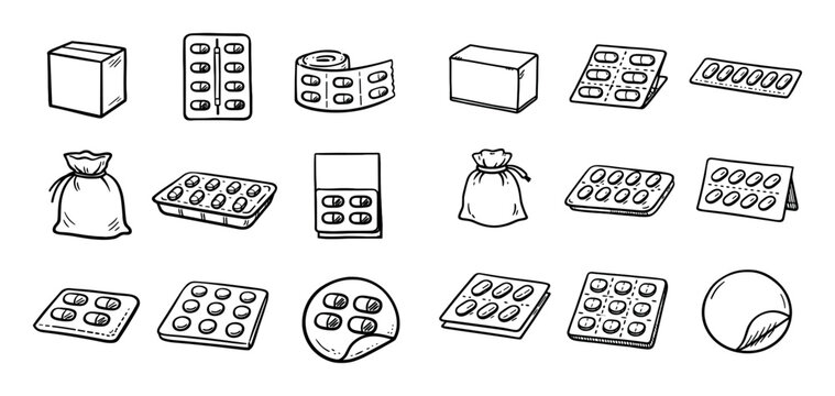 medicine and health concept icons with pill blister pack, box and pouch for infographic design in hand drawn style