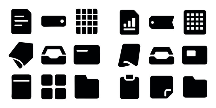 Document and file management design icons with folder, file and tag for office software design in minimal solid style