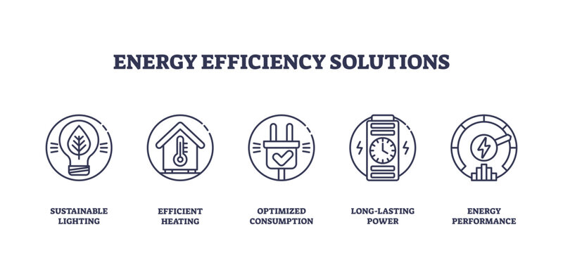 Energy efficiency solutions are represented by outline icons of lighting, heating, plug, battery, and performance gauge, highlighting sustainable and optimized energy use, transparent background.
