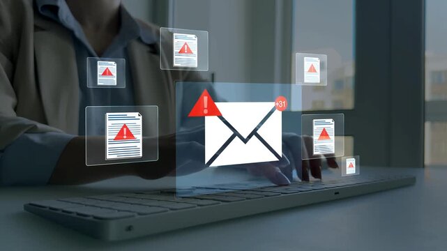 Email documents hacks, phishing attacks and virus alerts. Online fraud and cyber threats.Digital screen showing scam and spam emails.	
