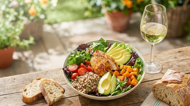 Healthy chicken salad bowl with white wine and bread