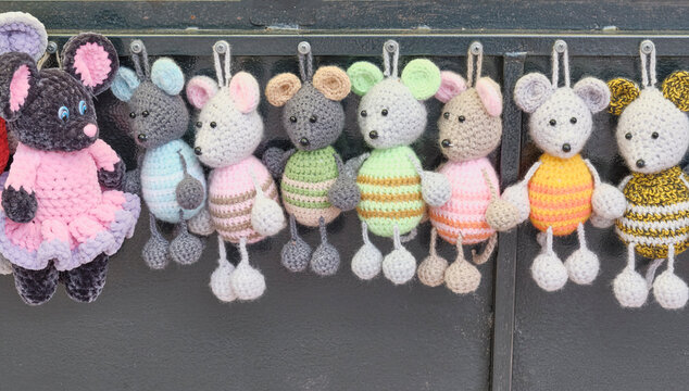 Knitted amigurumi mouse souvenirs at tourist market in Myshkin, Russia