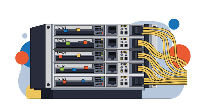 Network data storage system showing multiple active server units with glowing lights and yellow ethernet cables connected to the front.