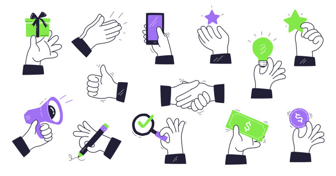 Business communication and teamwork shown with illustrated hands holding objects like money, light bulbs, and phones, transparent background.