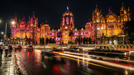 Obraz premium Mumbai CSMT Train Station Night Illumination Traffic Light Trails India