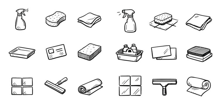 Cleaning and hygiene design icons with spray bottle, sponge, towel for marketing material design in hand drawn style