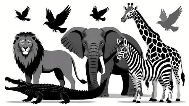 African Safari Collection: A dynamic graphic illustration showcasing iconic African wildlife including a lion, elephant, zebra, giraffe, crocodile, and birds in a majestic display.