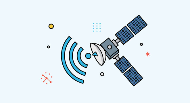 Communication satellite orbits in space and transmits radio wave signals, illustrating modern global connectivity and technology.