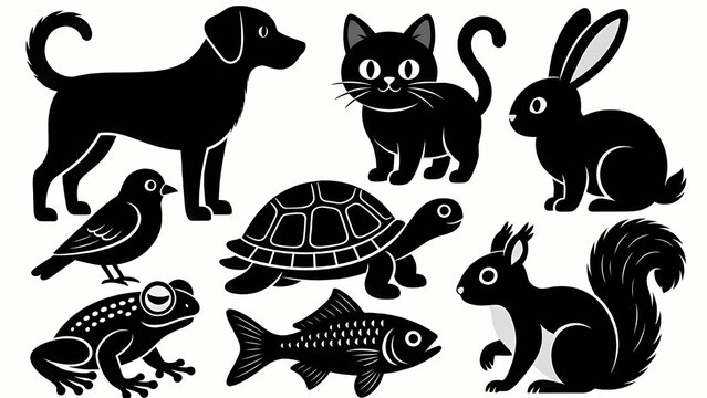 Diverse Animal Silhouettes: A collection of stylized black silhouettes showcases various animals including a dog, cat, rabbit, bird, turtle, frog, fish, and squirrel, against a clean backdrop.